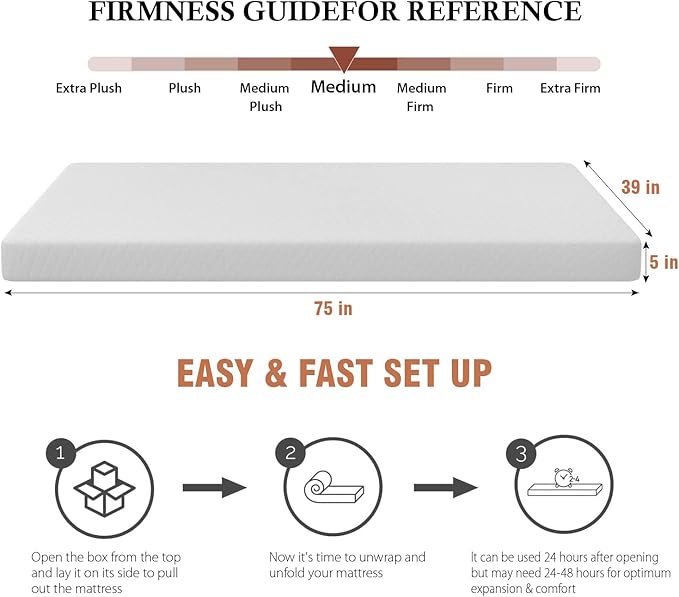 PayLessHere 5 Inch Twin Gel Memory Foam Mattress Fiberglass Free/CertiPUR-US Certified/Bed-in-a-Box/Cool Sleep & Comfy Support/Medium Firm mattresses
