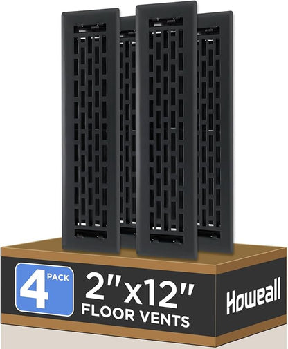 2x12 Inches 4 Pack Heavy Duty Walkable Floor Register - Easy Adjust Air Supply Lever Decorative Floor Vent Covers, Boston Design Vent Covers for Home - Matte Black