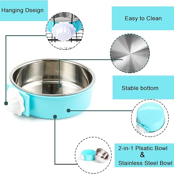 HERCOCCI Dog Crate Bowl, Removable Stainless Steel Pet Kennel Cage Hanging Food Bowls and Water Feeder Coop Cup Prevent Overflow for Puppy, Medium Dog, Cat, Rabbit, Ferret (3PCS)-Mewly Pet