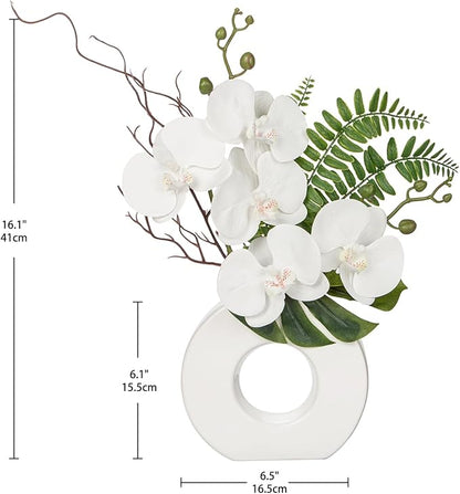 Briful Orchid Artificial Flowers 16.1'' White Orchid Silk Flowers with Ceramic Vase Faux Orchid Arrangement for Home Office Table Centerpiece Indoor Decoration
