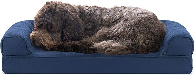 Furhaven Cooling Gel Dog Bed for Medium/Small Dogs w/ Removable Bolsters & Washable Cover, For Dogs Up to 35 lbs - Quilted Sofa - Navy (Blue), Medium-Mewly Pet