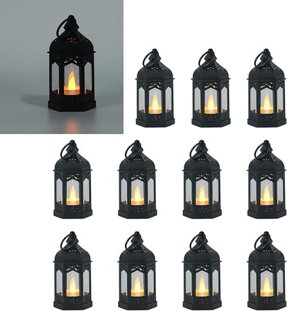 LLQ 12Pcs Mini Lanterns with Small LED Candle, Ramadan Lanterns Decorative Indoor, Vintage Black Lantern for Ramadan EID Decorations Halloween Christmas Wedding Table Centerpiece, Battery Included