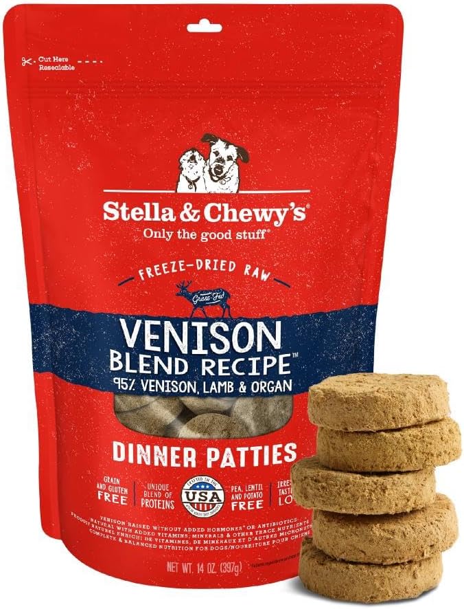 Stella & Chewy's Freeze-Dried Raw Dinner Patties - Venison Blend Recipe - High Protein Grain-Free Puppy & Dog Food - Perfect For Picky Eaters - 14 Oz-Mewly Pet