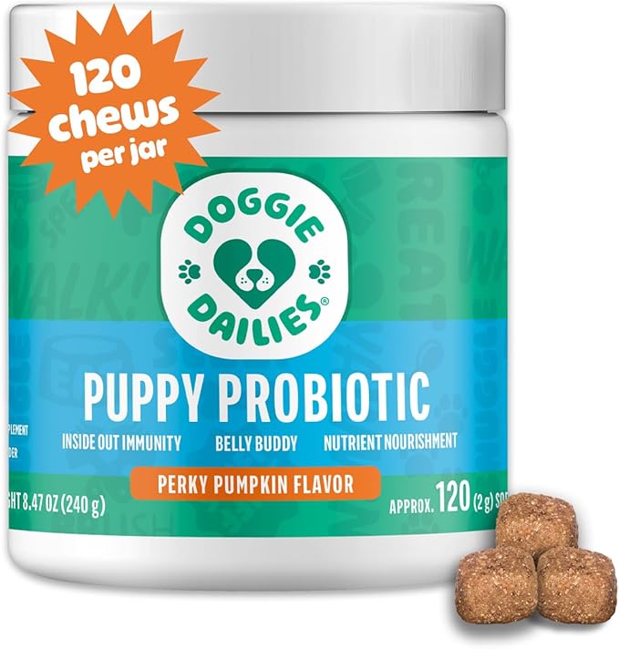 Doggie Dailies Puppy Probiotic, Probiotics for Puppies with Digestive Enzymes, Promotes Digestive Health, Supports Immune System & Overall Development (Pumpkin) 120 Soft Chews-Mewly Pet
