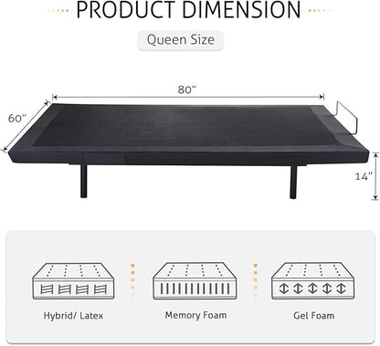 SHA CERLIN Queen Size Ergonomic Adjustable Bed Base, Upholstered Bed Frame with Upholstered Motor, Motorized Head and Foot Incline, Wireless Remote Control, Assembly Required, Bed Base Only