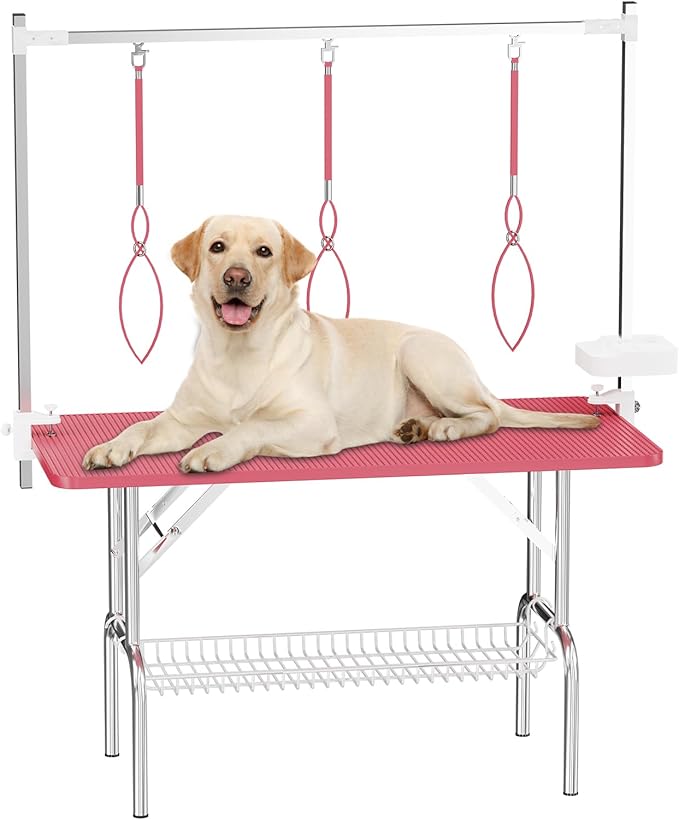 VFK 47'' Large Dog Grooming Table Stainless Steel Foldable Grooming Table for Dogs at Home Adjustable Height Arms Pet Station with Nooses, Mesh Tray, Tool Organizer-Mewly Pet