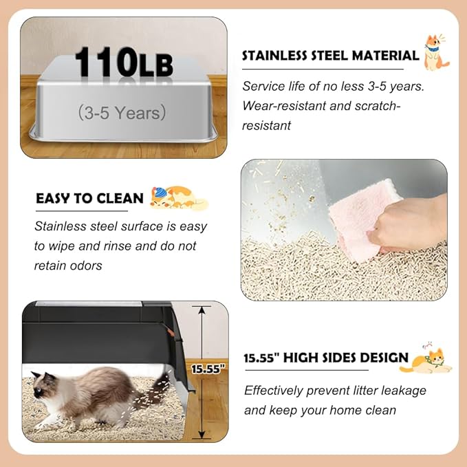 Vivifying Stainless Steel Litter Box, XL Side Entry Extra Large Litter Box with Lid for Big Cats & Kitty, Removable Enclosed Metal Cat Pan with High Sided Enclosure, Scoop, Mat, Footboard (Black)-Mewly Pet