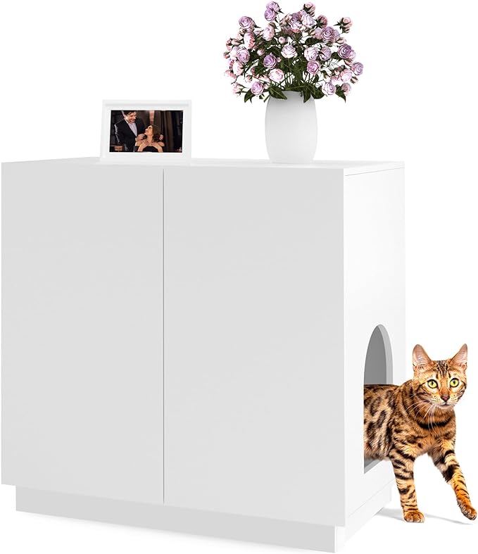 Large/Tall Litter Box Enclosure, Modern Wooden Litter Box Furniture for XL Litterbox with Hidden Storage as Sideboard Cabinet (White)-Mewly Pet