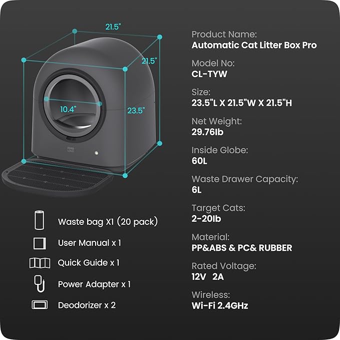 TYPro Self Cleaning Cat Litter Box Automatic Hands-Free Smart Robot self Cleaning Cat Litter Box for Multiple Cats with APP Control Safe with Litter Mat Waste Bags and Deodorizer Dark Grey-Mewly Pet