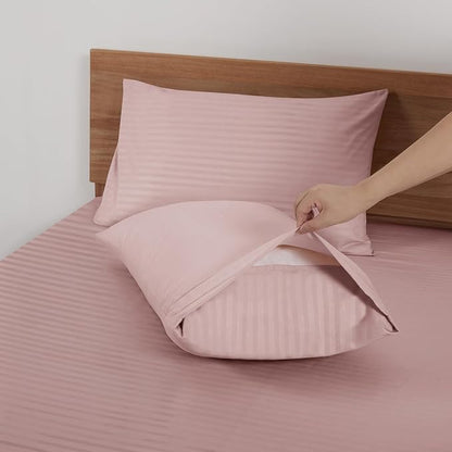 Mejoroom Striped Twin Sheet Set - Hotel Collection Twin Sheets - Bedding Sheets & Pillowcases with Deep Pocket Fitted Sheet, Breathable, Wrinkle & Fade Resistant - 3 Piece (02-Dusty Pink)