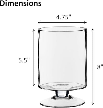 CYS EXCEL Glass Hurricane Pillar Candle Holder (H:8" W:4.75") | Multiple Size Choices Short Stem Candle Centerpieces | Stemmed Glass Cylinder Candle Vase