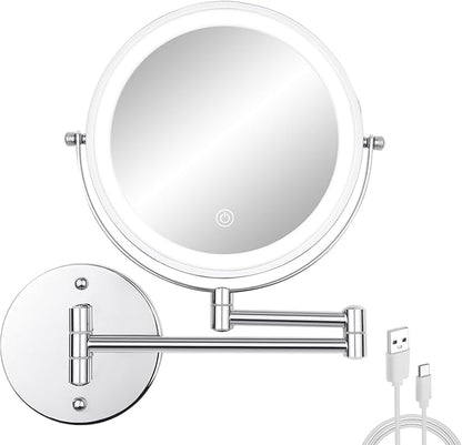 Wall Mounted Makeup Vanity Mirror with Lights, 8” Double Sided 1X/10X Wall Mount Magnifying Bathroom Shaving Mirror with 3 Color Lights, Rechargeable Touch Dimmable Extendable Cosmetic