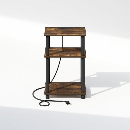Furinno JUST Night Stand, 3-Tier Turn-N-Tube Nightstand with Charging Station, Bedside Table, End Table, Side Table with USB and Type-C Charging Port, for Bedroom, Living Room, Amber Pine