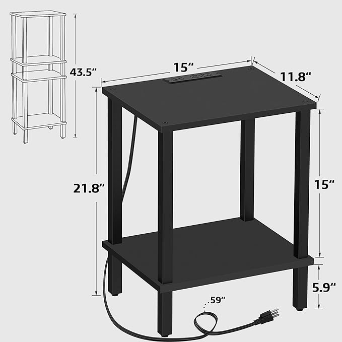 TUTOTAK End Table with Charging Station, Set of 2, Side Table with USB Ports and Outlets, Nightstand, 2-Tier Storage Shelf, Sofa Table for Small Space, Living Room, Bed Room TB01BK041