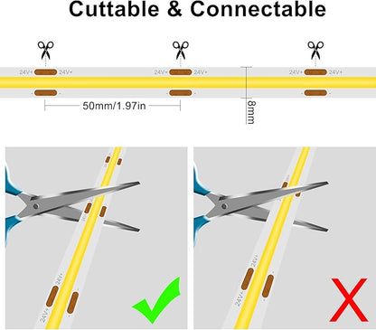 COB LED Strip Lights Warm White,24V Dimmable led Light Strip KIT with Remote and app Control,3000K 9.84FT/3m 8mm Wide Ra>90 Cuttable Flexible Strip Lights for Bedroom,TV Lights,Cabinet