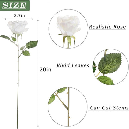 FOTEEWL 60 Pcs Artificial Rose Flower Realistic Faux Silk Roses Stem Fake Roses Bouquet for Flower Arrangement,Wedding Centerpieces,Party,Home Decorations (White)