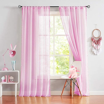 Treatmentex Pom-Pom Pink Sheer Curtains for Girl's Room 95 inches Linen Textured Look Red Sheer Window Draperies for Bedroom Living Room, 52" w x 2 Panels, Rod Pocket