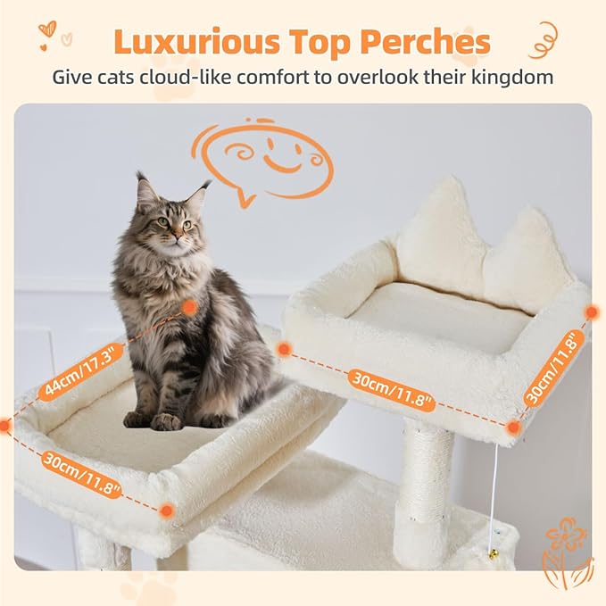 Taoqimiao Cat Tree 71-Inch, Cat Tower for Indoor Cats Large Adult, Multi-Level Large Cat Condo, 8 Sisal Scratching Posts, Metal Frame Cozy Hammock, Scratch Board, 2 Top Perches, Beige MS026LM-Mewly Pet