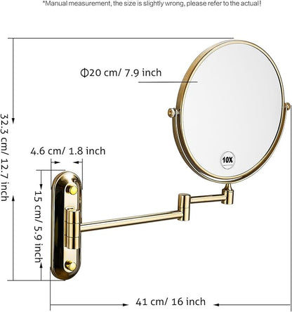 Gold 1x10x Magnifying Double Sided Bathroom Mirror 360 Degree Swivel Makeup Mirror Adjustable Extension Arm Wall Mount 8 Inch Non-Illuminated Beauty Mirror Shaving Mirror (Oval Base)
