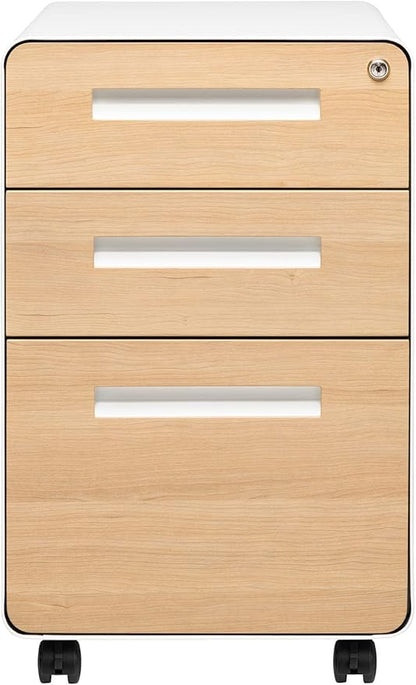 Laura Davidson Furniture Stockpile 3 Drawer File Cabinet with Lock - Under Office Desk Metal Filing Cabinet, Legal/Letter File Folders, Wheels and Stationary Feet, Pre-Assembled, White/Wood
