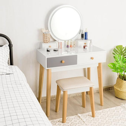 CHARMAID Vanity Set with Lighted Mirror, 3 Color Touch Screen Dimming Mirror, Adjustable Brightness, Bedroom Makeup Dressing Table with 4 Drawers and Cushioned Stool for Girls Women, White & Gray