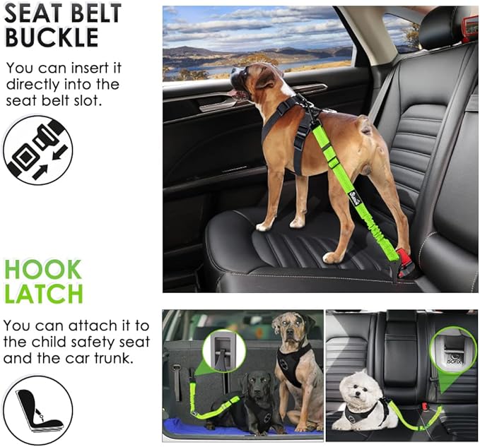 SlowTon Dog Seat Belt, Adjustable Dog Safety Belt Leash, 2 in 1 Latch Bar Attachment Dog Car Seatbelt with Elastic Nylon Bungee Buffer, Reflective Nylon Belt Tether (Lime)-Mewly Pet