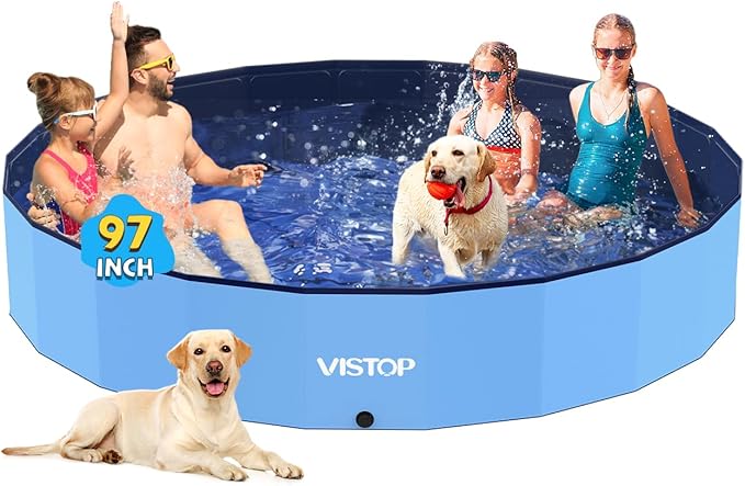 VISTOP Jumbo Foldable Dog Pool, Hard Plastic Shell Portable Swimming Pool for Dogs Cats and Kids Pet Puppy Bathing Tub Collapsible Kiddie Pool (97inch.D x 15.7inch.H, Blue)-Mewly Pet