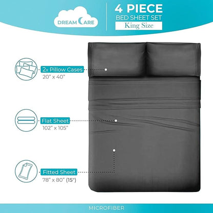 DREAMCARE King Size Sheets Set - Cooling Bed Sheets - 4pcs Set - up to 15" Deep Pocket King Sheet Set – Soft & Long Lasting Cooling - 100% Fine Brushed Polyester with Side Pocket - Dark Gray
