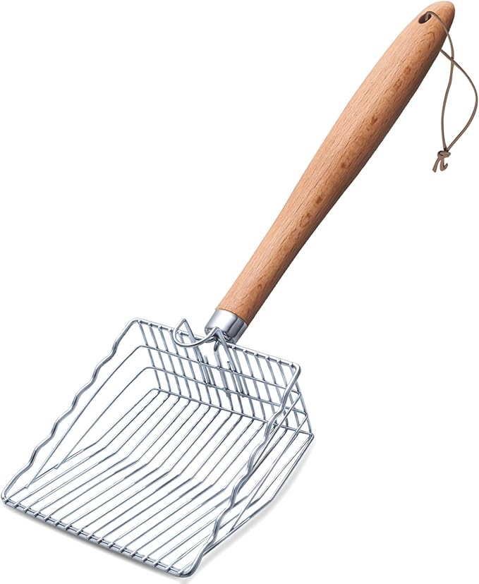 Cat Litter Scoop, Kitty Metal Scooper with Hook and Long Hole, Stainless Steel Kitten Poop Lifter for Litter Box, Non Stick, Durable and Heavy Duty Sifter for Easy Clean-Mewly Pet
