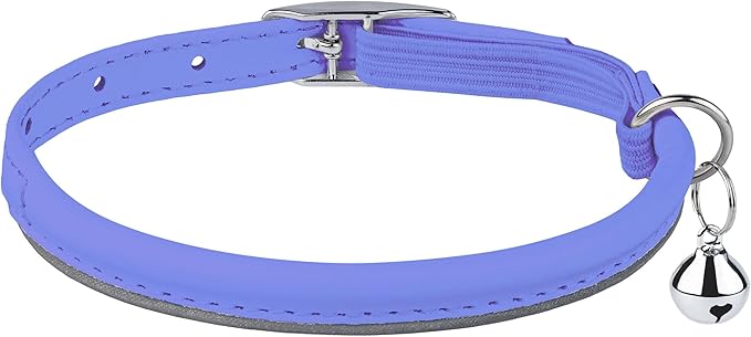 OOPSDOGGY Rolled Leather Cat Collar with Bell, Reflective Kitten Collars with Buckle Include Safety Elastic Strap - Adjustable Small Pet Collars for Boy Girl Cats (Lilac)-Mewly Pet