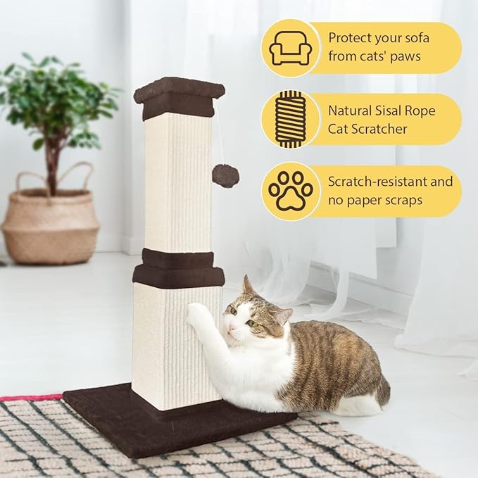 AGYM Cat Scratching Post, 32 Inch Cat Scratch Post for Cats and Kittens, Protect Your Furniture and Exercise Cats, Nature Sisal Modern Cat Scratcher for Indoor Cats, Brown-Mewly Pet
