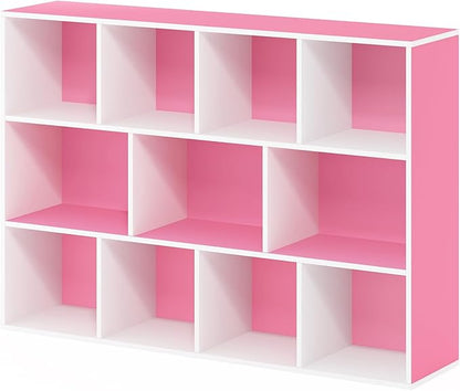 Furinno LUDER Book Shelf, 11-Cube Bookshelf, Reversible Bookcase, 9.4" x 29.1" x 41.7", for Living Room, Bedroom, Home Office, White/Pink