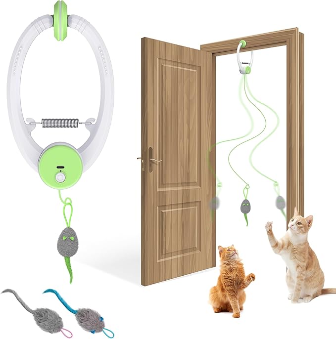 Cat Toy Interactive for Indoor Cats, Smart USB Rechargeable Door Hanging Automatic Retractable Kitten Toys, Teaser Electronic Self Play Feather Cat String Toy Attached with 3 Catnip Mice Green-Mewly Pet