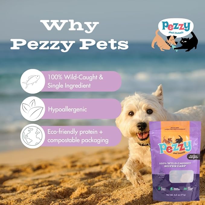 Silver Carp Chips Dog & Cat Treats | Single Ingredient | Wild Caught | Made w/Invasive Fish | Grain Free | High Protein + Low Fat | Hypoallergenic | Compostable Packaging | Made in The USA-Mewly Pet