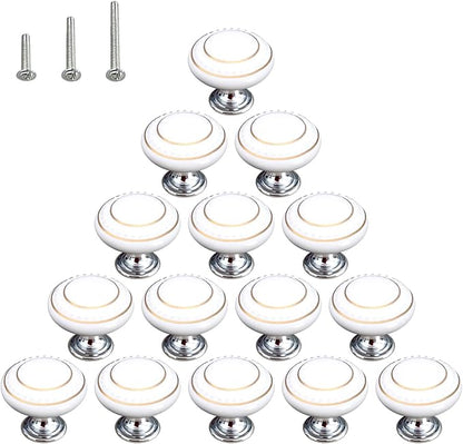 HUAMULAN 15 Pack Ceramic Knob Simple Dresser Kitchen Round Cabinet Pulls Zinc Alloy Base Cupboard Wardrobe Drawer Door Handles,3 Size Screws A4-43-BaiGold-15PCS