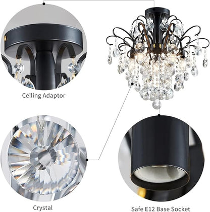 WUZUPS Crystal Chandelier Flushmount Ceiling Light Modern Lighting Fixture for Bedroom Hallway Bar Kitchen Bathroom, H 17.5'' x W 19.3'', E12 Base, Black