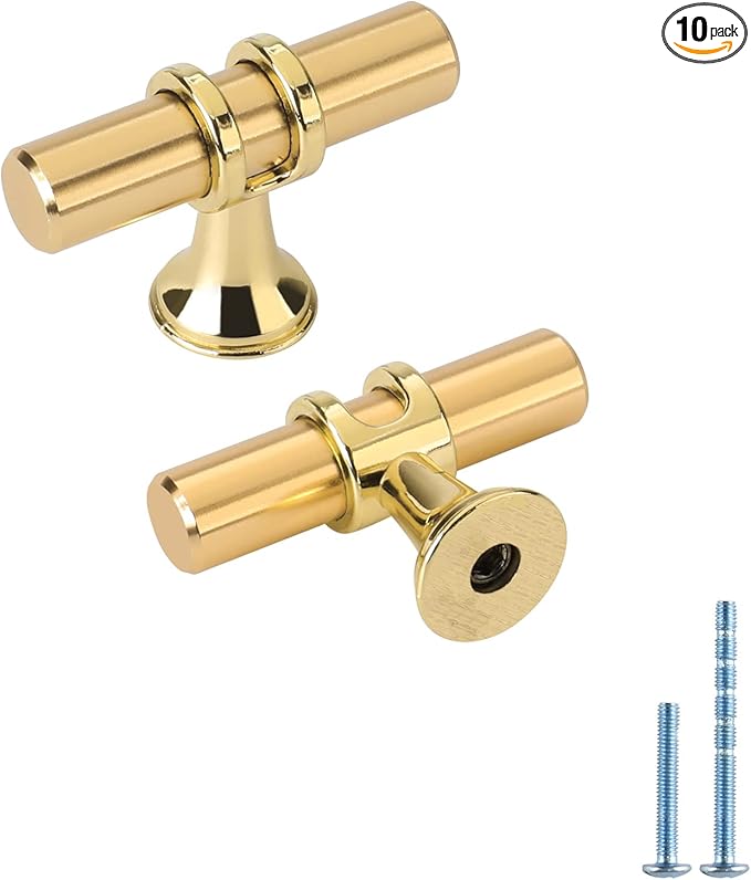 Lontan 10 Pack Gold Brass Kitchen Cabinet Knobs - T Bar Solid Drawer Knobs - Single Hole - Brushed Brass for Dresser Drawers