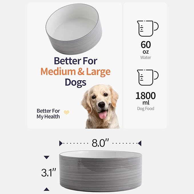 Dog Bowl Ceramic for Medium Large Breeds, Heavy Weighted Dog Food Water Feeder Dish, Non - Slip Modern Cute Extra Big Porcelain 8 in Pet Dog Bowl Maze Grey White-Mewly Pet