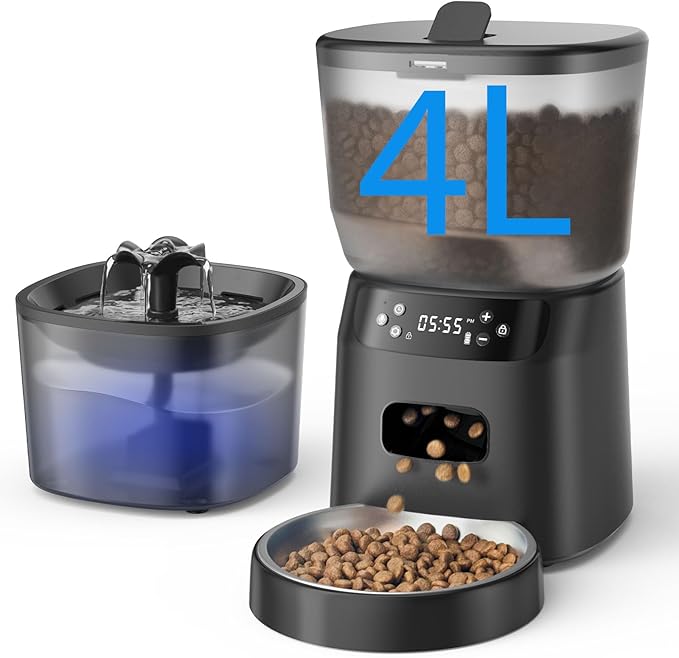 Automatic Cat Feeder and Water Fountain, 4L/16 Cups Timed Cat Dry Food Dispenser, 10s Meal Call, 20 Portions 6 Meals Per Day, 2L Cats Fountains for Drinking with Filter, Pet Feeder for Dog Black-Mewly Pet