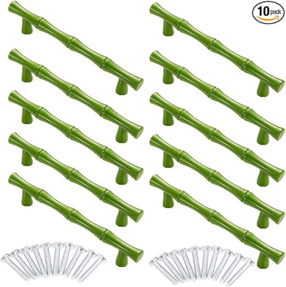 10pcs Cabinet Handles Hole Centers 3-3/4",Bamboo Shape Kitchen Cupboard Dresser Closet Drawer Door Pulls Green