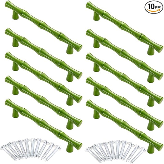 10pcs Cabinet Handles Hole Centers 3-3/4",Bamboo Shape Kitchen Cupboard Dresser Closet Drawer Door Pulls Green