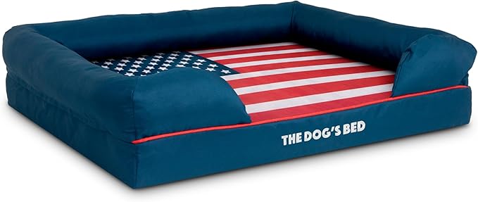 The Dog’s Bed, Large Blue Oxford with Red Trim USA Flag Dog Bed with Central Flag 36x27 Memory Foam, Pain Relief: Arthritis, Post Surgery,Waterproof Washable Cover, Veterinary Approved-Mewly Pet
