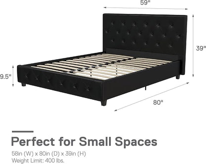 DHP Dakota Upholstered Platform Bed with Diamond Button Tufted Headboard and Footboard, No Box Spring Needed, Full, Black Faux Leather