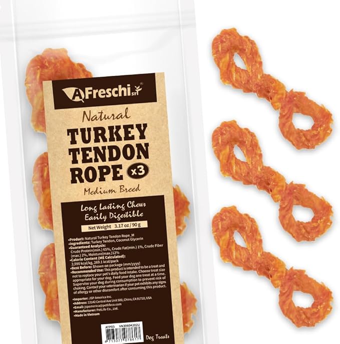 Afreschi Turkey Tendon Rope (M) 3.17 oz, USA-Sourced Turkey Tendon, All Natural Human Grade Dog Chew, Hypoallergenic, Rawhide Alternative, Dog Treats for Medium Breeds-Mewly Pet