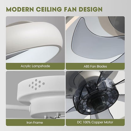 Ceiling Fans with Lights and Remote, 20'' Low Profile Flush Mount, 6 Wind Speeds, Modern Dimmable LED Ceiling Fan, Smart Ceiling Fan for Bedroom, Kids Room (White)