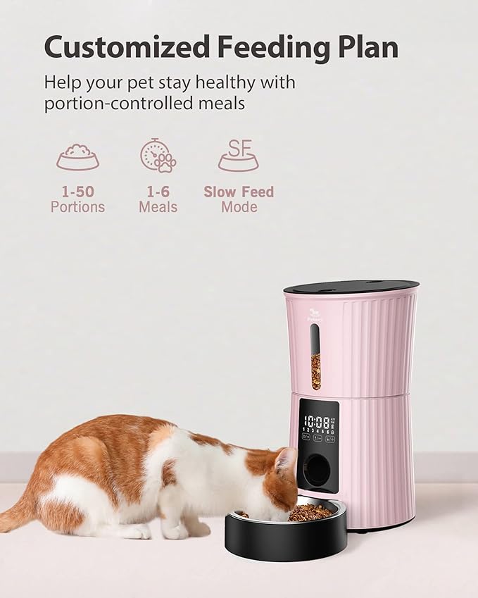 Petory Timed Automatic Cat Feeders - 4L Programable Dry Food Dispenser for Cats and Small Medium Dogs 6 Meals with Desiccant Bag Dual Power Supply 10S Voice Recorder-Mewly Pet