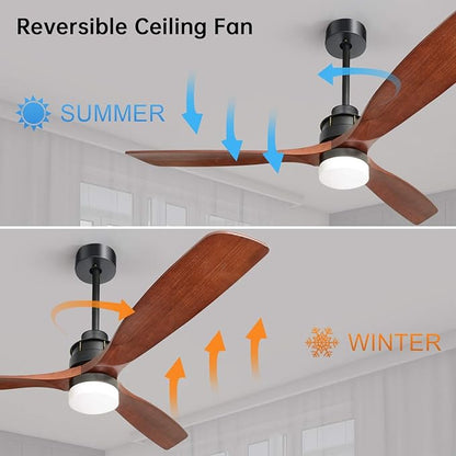 Sofucor Ceiling Fan with Lights, 60 Inch Low Profile Flush Mount Mordern Wood Ceiling Fan with Remote for Indoor Farmhouse Bedroom Living Room Outdoor Patio Porch, Reversible DC Motor, Noiseless