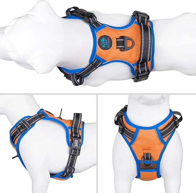 PHOEPET 2019 No Pull Dog Harness Medium Reflective Front Clip Vest with Handle,Adjustable 2 Metal Rings 3 Buckles,[Easy to Put on & Take Off](M, Orange)-Mewly Pet