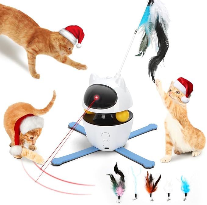 Nobleza 3-in-1 Cat Laser Toy with Feather Trackball, Rechargeable Pet Interactive Pointer Red Light Game, 3 Modes Random Trajectory Motion Activated Boredom Buster for Cat Self Play Home Indoor-Mewly Pet