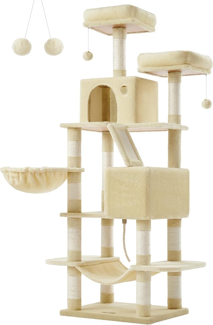 Feandrea Cat Tree, 66.1-Inch Large Cat Tower with 13 Scratching Posts, 2 Perches, 2 Caves, Basket, Hammock, Pompoms, Multi-Level Plush Cat Condo for Indoor Cats, Beige UPCT165M01-Mewly Pet